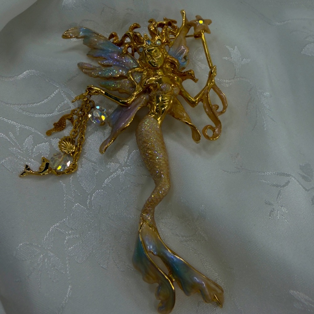 Large Kirks Folly Rhinestone & Metallic Enamel Mermaid Brooch "Sea Fairy"